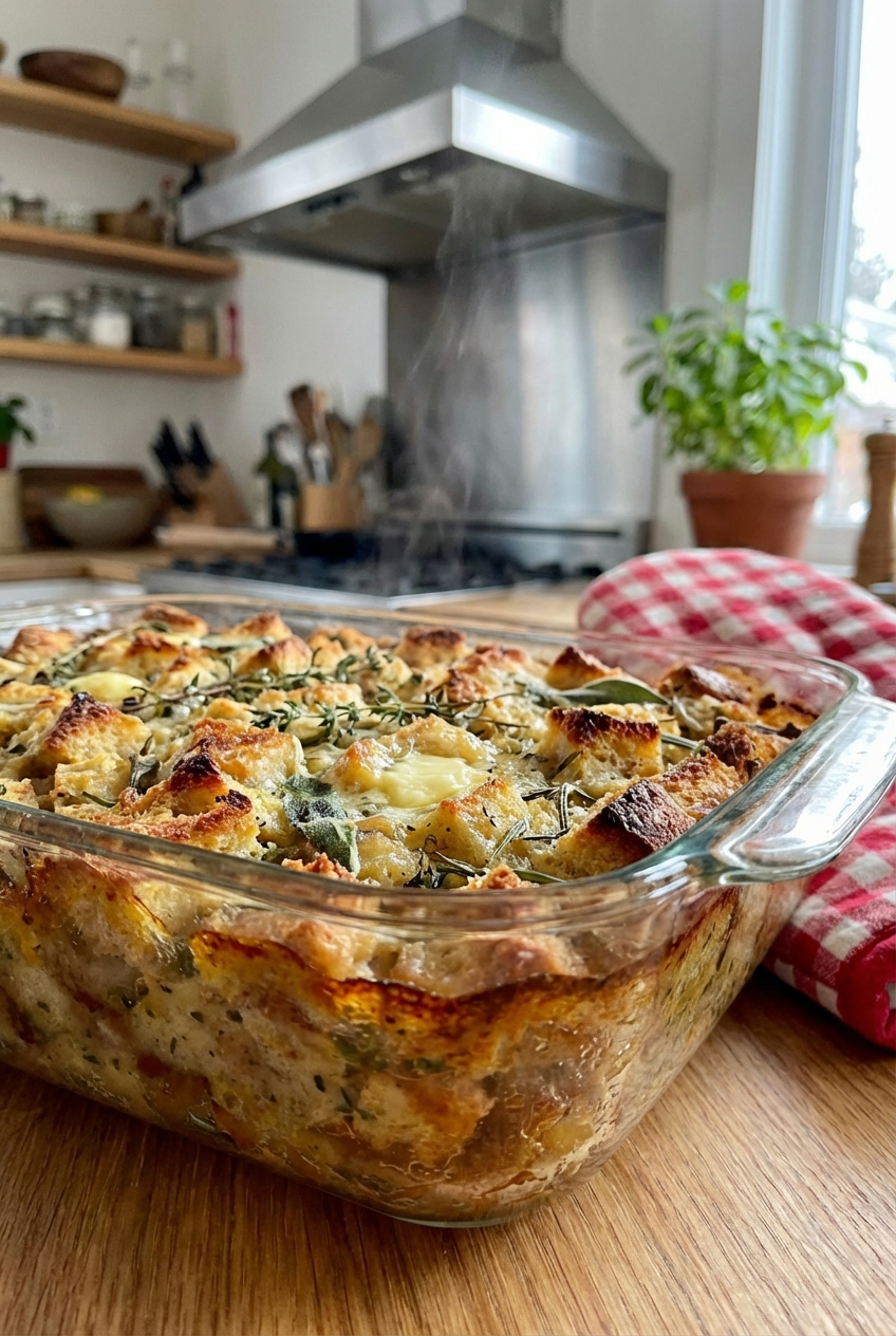 A glass baking dish of herb stuffing just out of the oven with a golden crisp top
