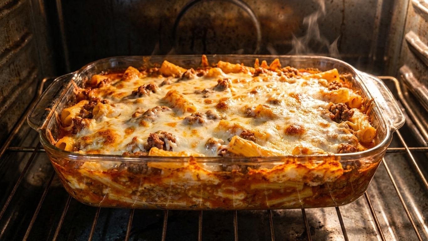 A glass baking dish of mostaccioli on an oven rack with melted cheese bubbling on top, captured mid-bake