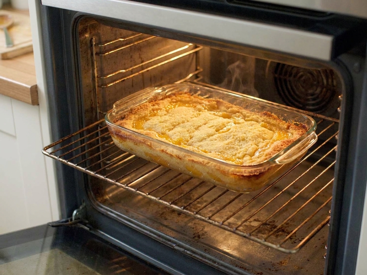 A glass baking dish of peach dump cake on an oven rack with the topping turning golden during baking
