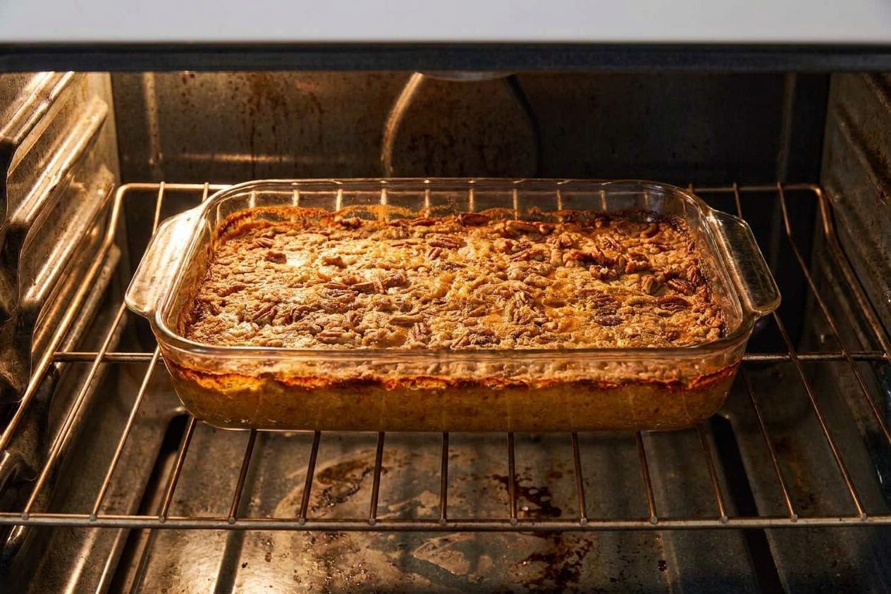 A glass baking dish of pumpkin dump cake baking on the middle oven rack with the top turning golden brown