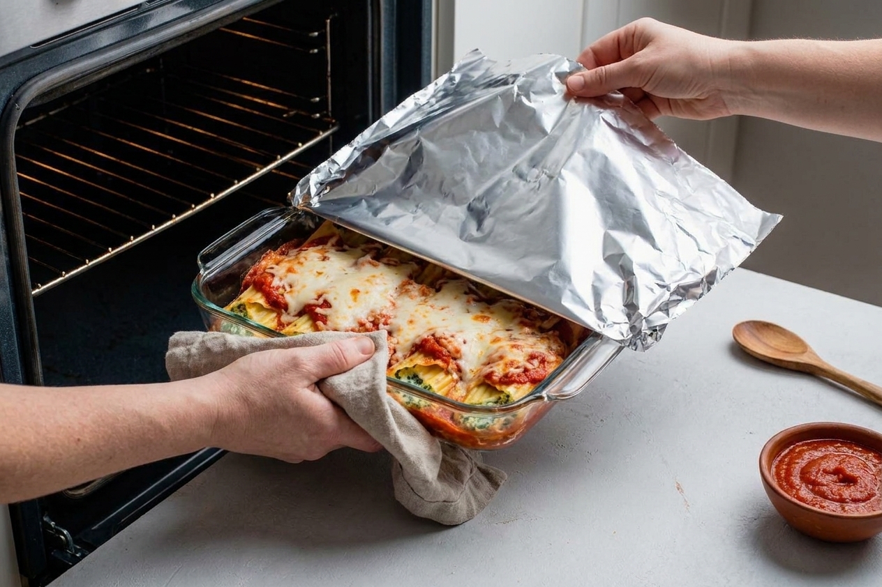 A glass baking dish of sauced stuffed manicotti being placed into an oven with a foil cover