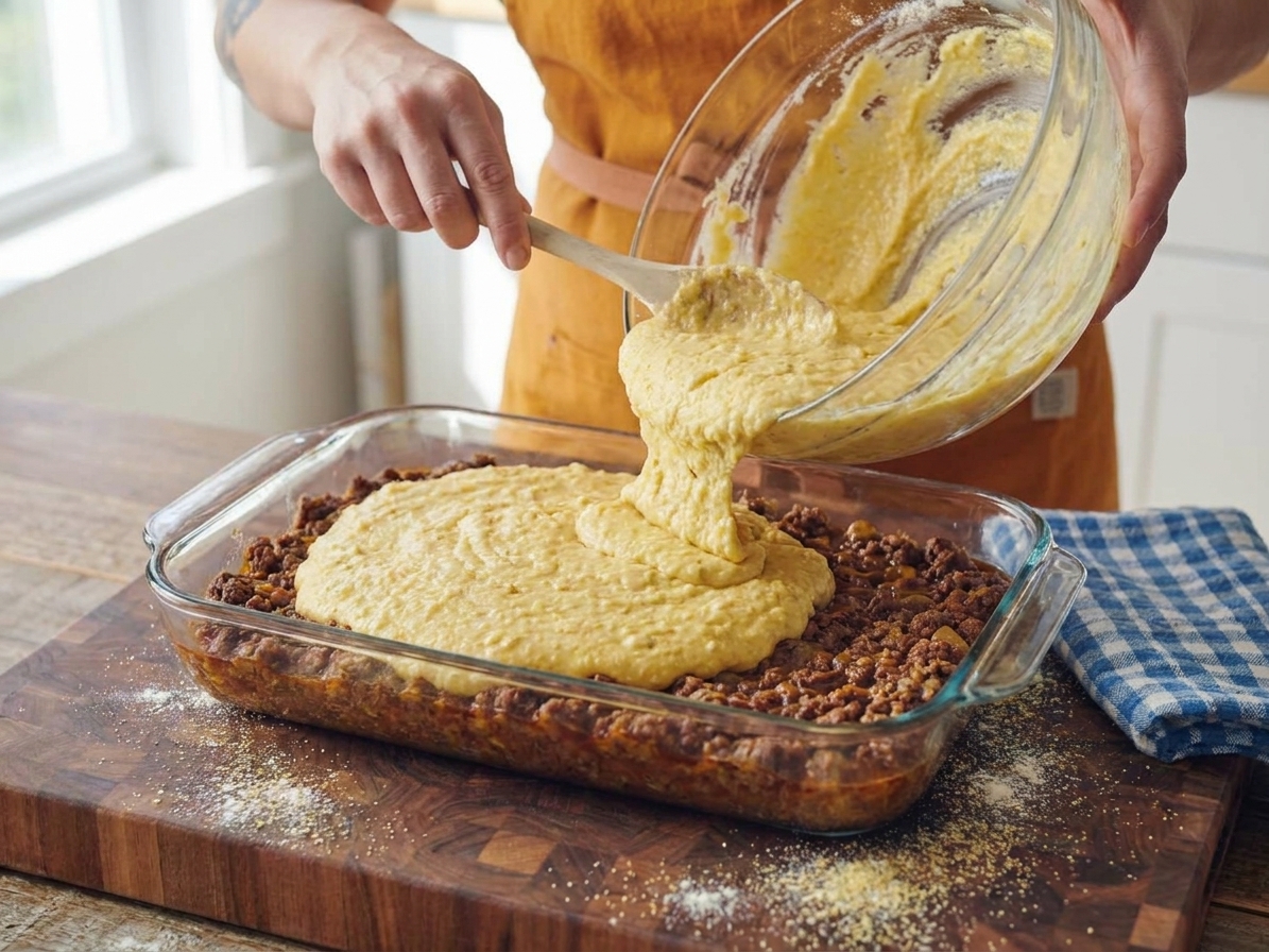 A glass baking dish of tamale pie ready for baking, showing cornbread batter spread over the filling
