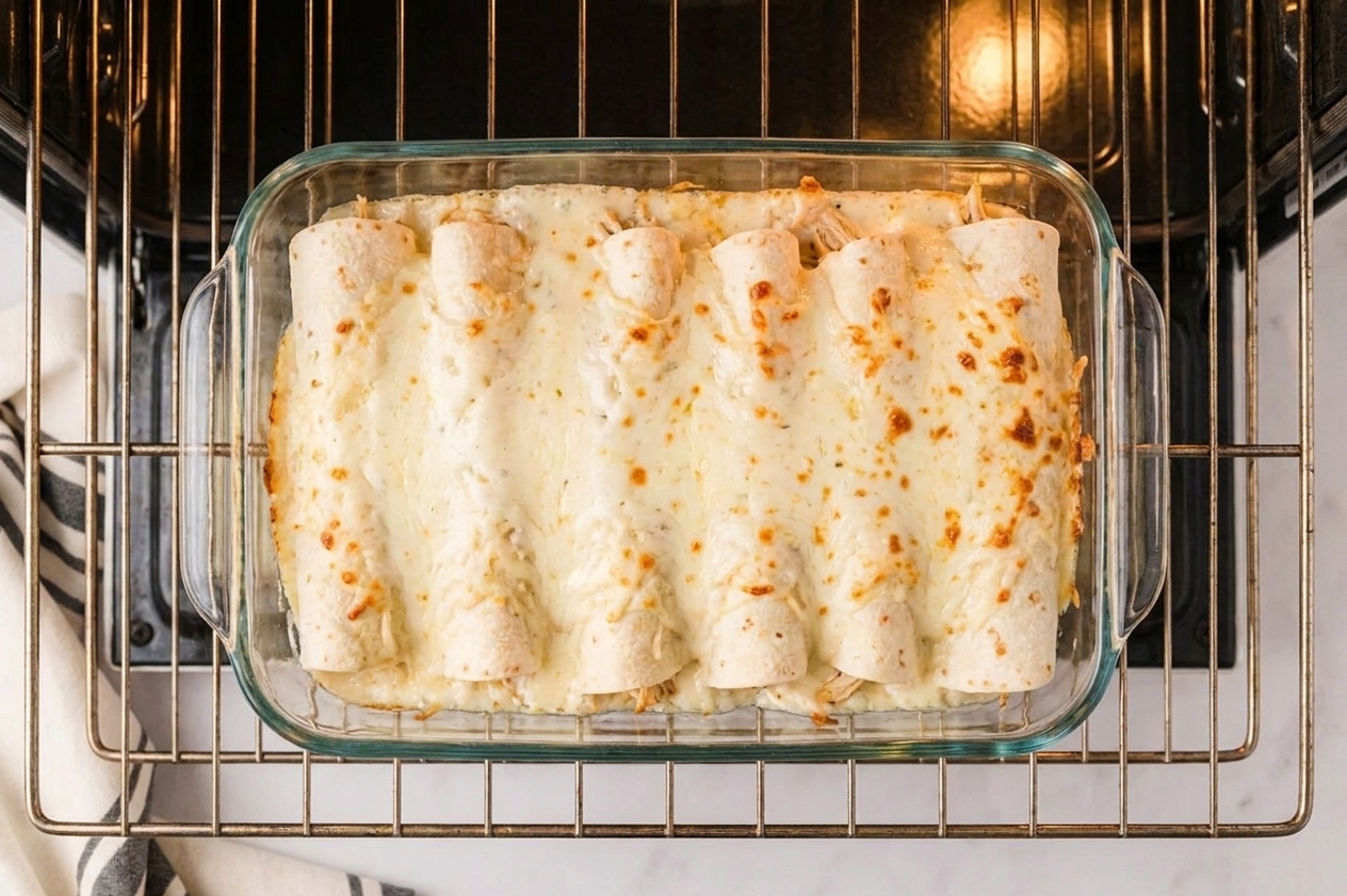 A glass baking dish of white chicken enchiladas on an oven rack with melted cheese beginning to bubble