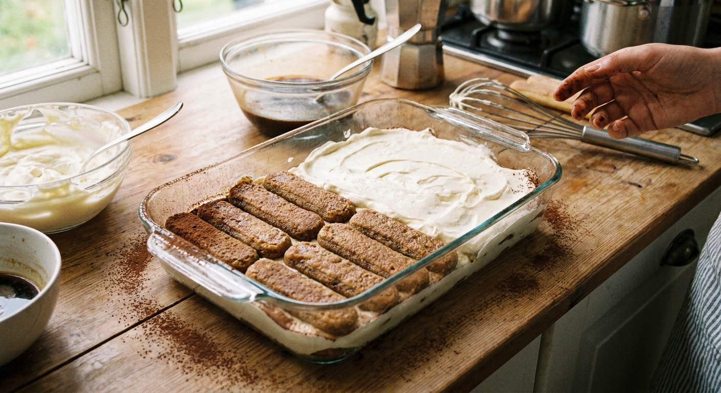 A glass baking dish on a kitchen counter showing tiramisu being assembled with a layer of espresso-dipped ladyfingers and mascarpone cream spread evenly on top, real food photography