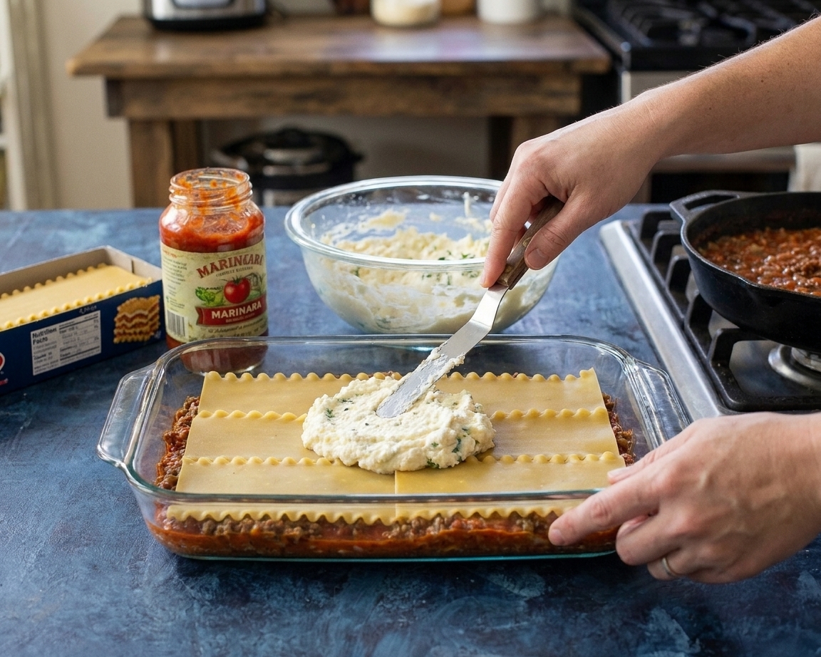A glass baking dish on a kitchen counter with lasagna noodles laid down and ricotta mixture being spread into an even layer