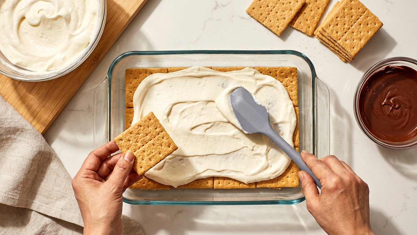 A glass baking dish showing graham cracker and vanilla cream layers being assembled on a kitchen counter