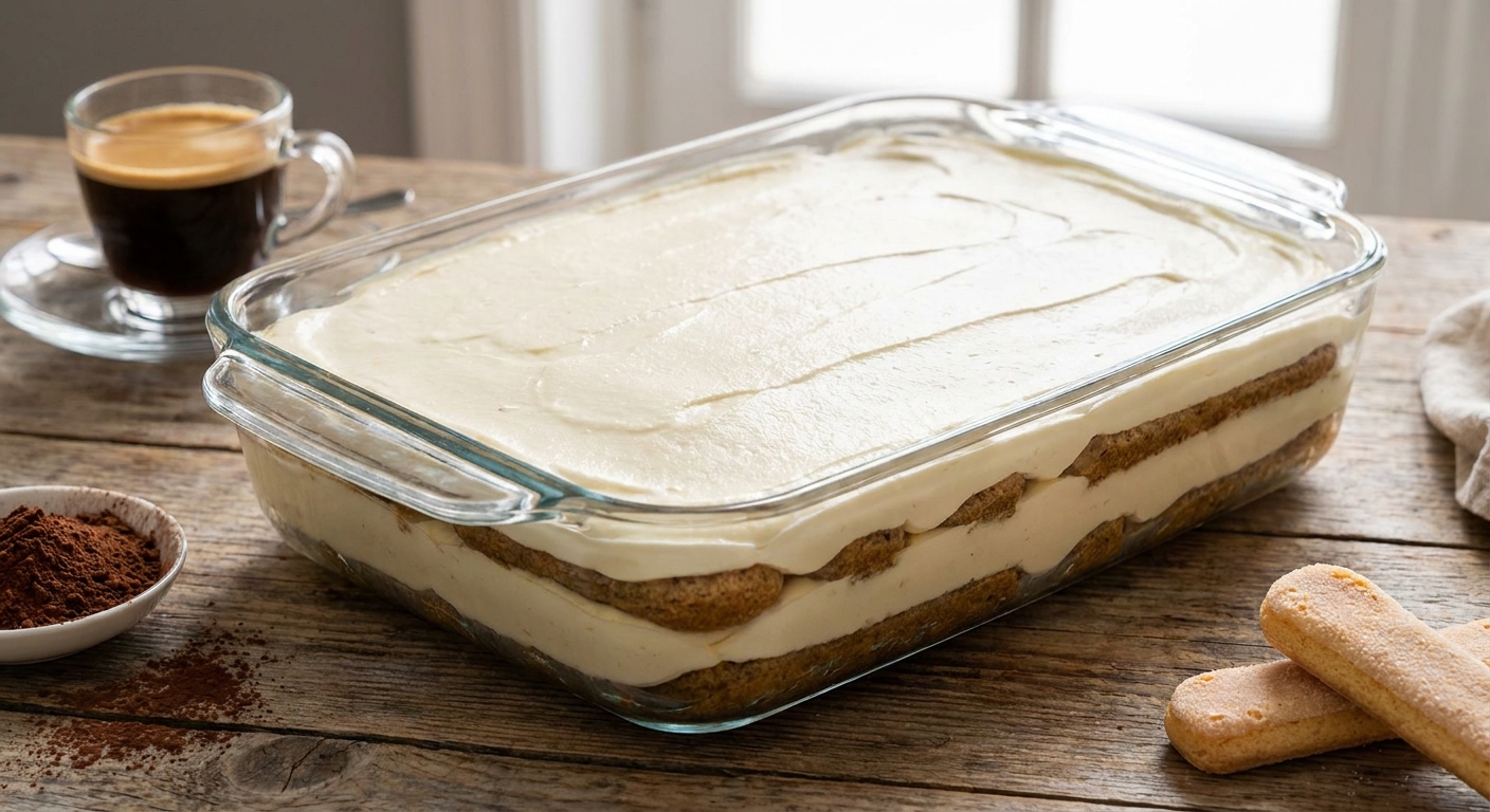 A glass baking dish showing tiramisu layers with espresso-dipped ladyfingers and mascarpone cream, the top smoothed and ready to chill
