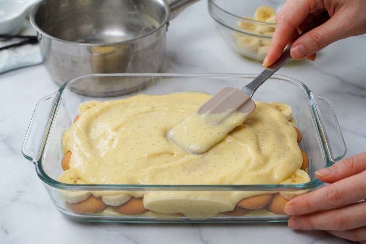 A glass baking dish with layers of vanilla wafers, sliced bananas, and warm custard being spread evenly with a spatula
