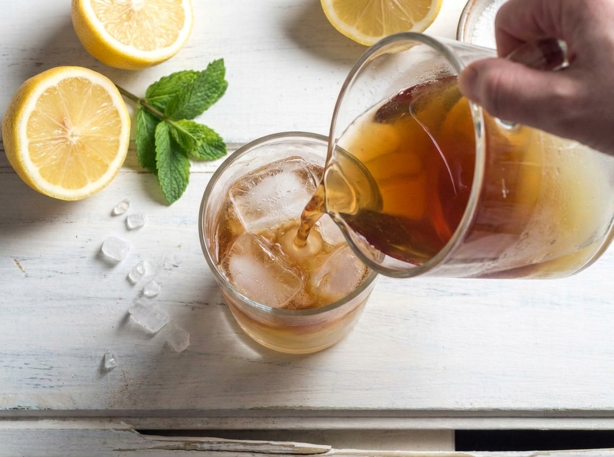 A glass being filled with Arnold Palmer over ice cubes, with lemon slices and mint nearby on a wooden table