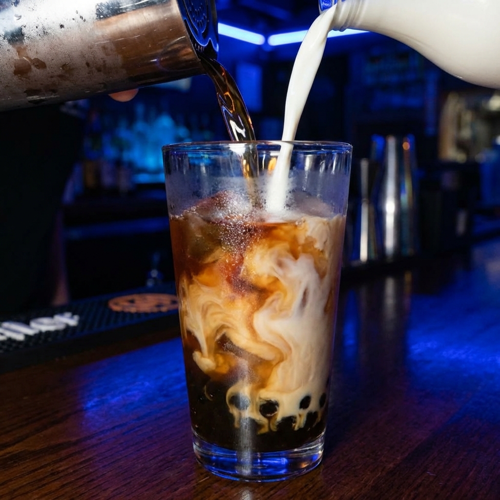 A glass being filled with chilled black tea over ice and tapioca pearls, with milk swirling in