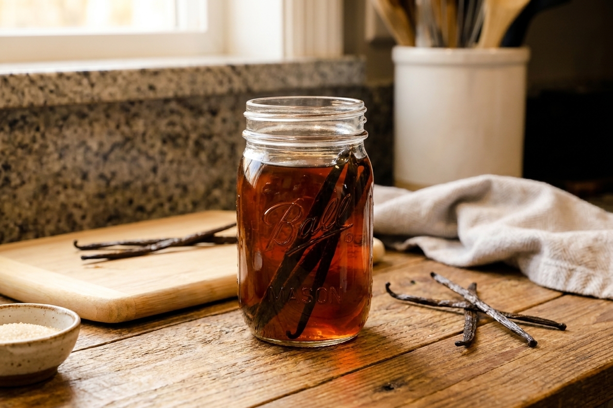 A glass bottle of dark amber homemade vanilla extract with vanilla beans visible inside on a wooden countertop in warm natural light