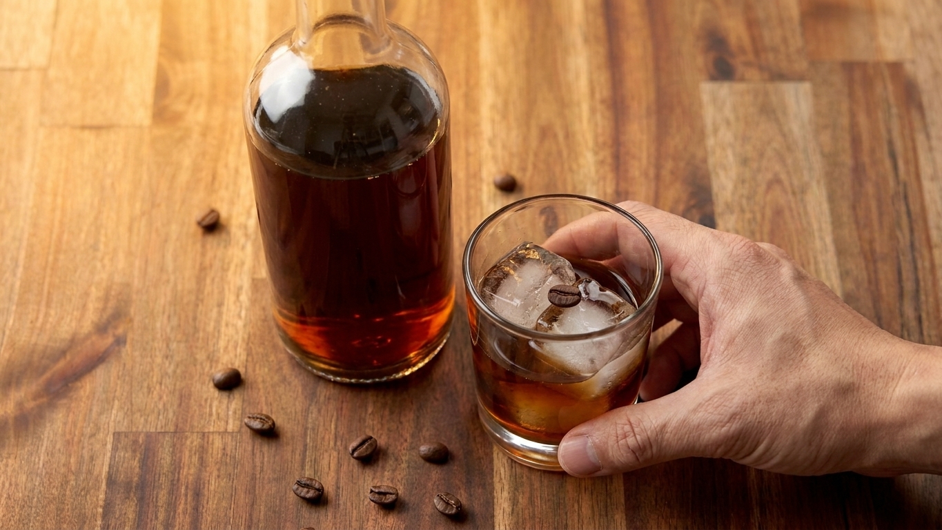 A glass bottle of homemade coffee liqueur on a warm kitchen counter beside a small rocks glass with ice and a coffee bean garnish