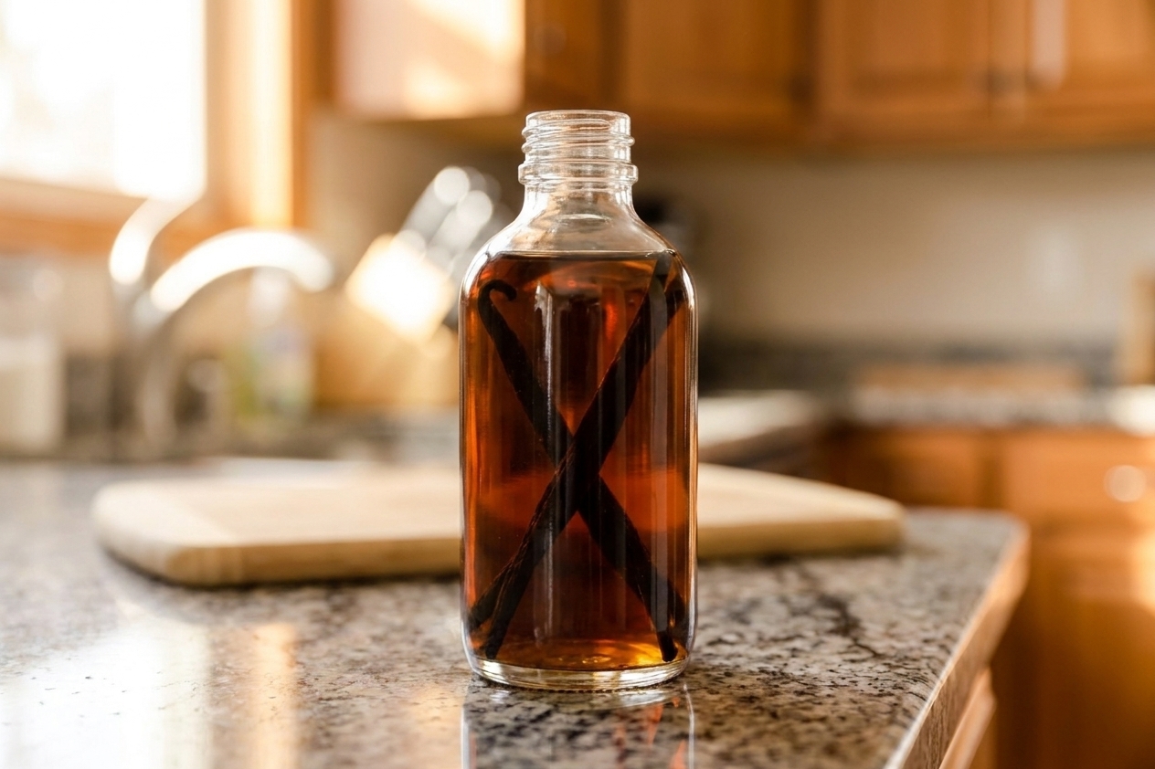 A glass bottle of homemade vanilla extract with vanilla beans visible inside, sitting on a warm-toned kitchen counter with soft natural light