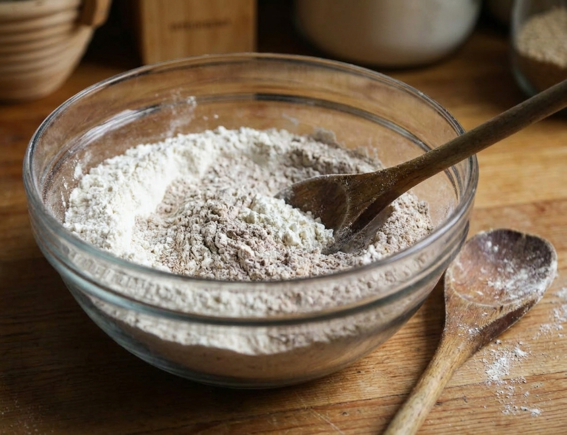 A glass bowl filled with bread flour and rye flour mixed together on a kitchen counter, with a wooden spoon nearby