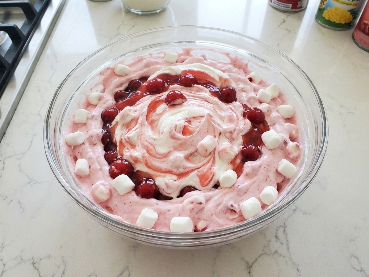 A glass bowl filled with creamy cherry fluff, with visible cherries and mini marshmallows, on a bright kitchen counter