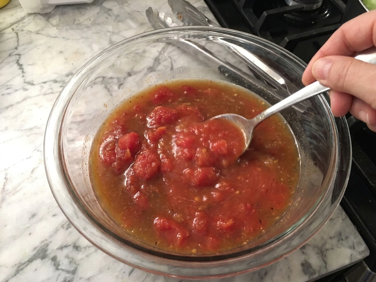 A glass bowl filled with crushed tomatoes and broth being stirred into a smooth, reddish tomato sauce on a kitchen counter