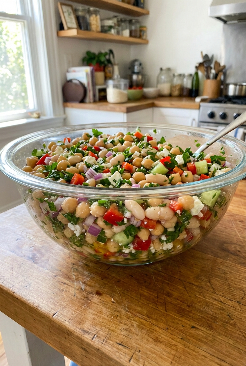 A glass bowl filled with dense bean salad made with chickpeas, cannellini beans, diced red onion, bell pepper, cucumber, parsley, and feta, lightly coated in a tangy vinaigrette on a kitchen counter in natural light