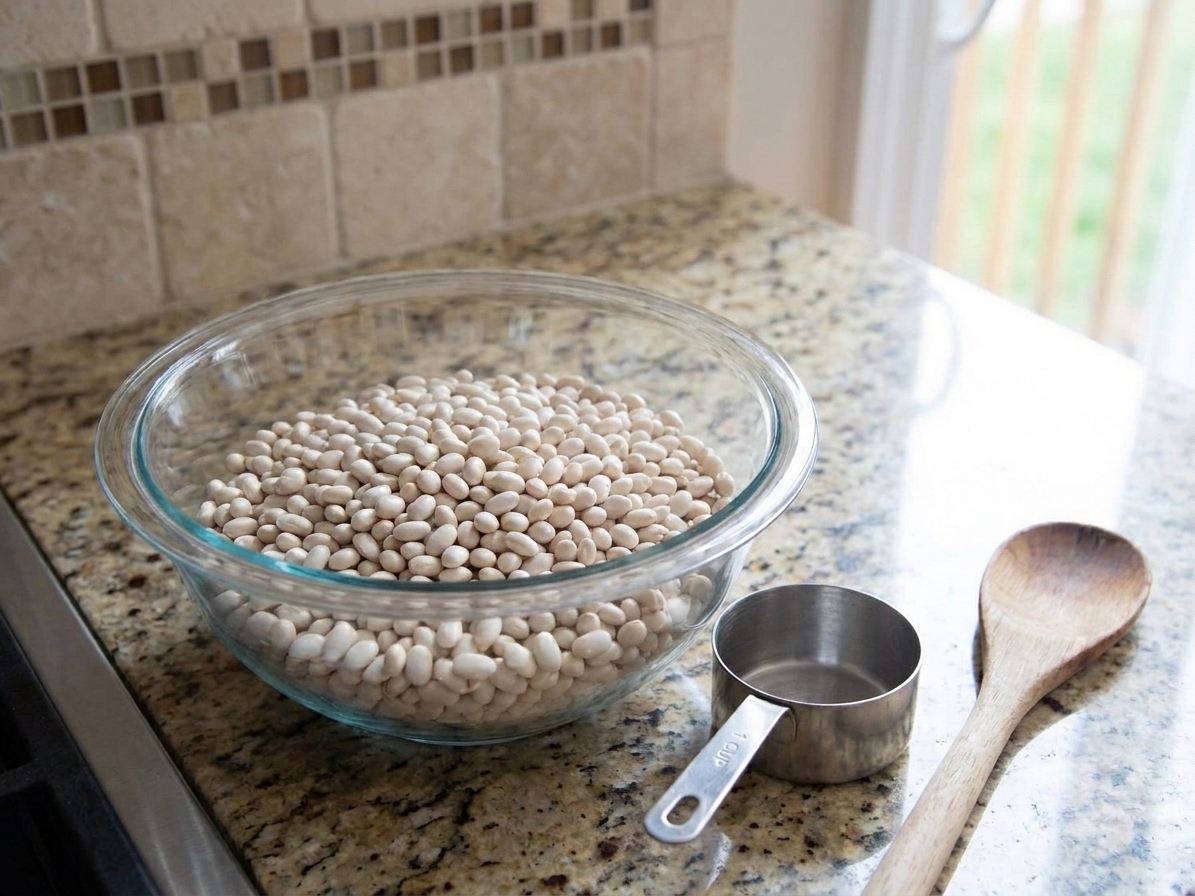 A glass bowl filled with dried navy beans on a clean kitchen counter next to a measuring cup and a wooden spoon