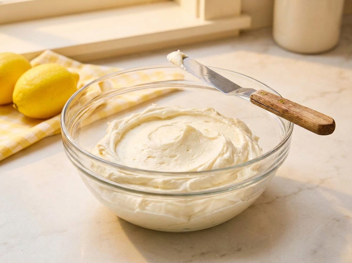A glass bowl filled with fluffy cream cheese icing on a kitchen counter with a spatula resting on the rim