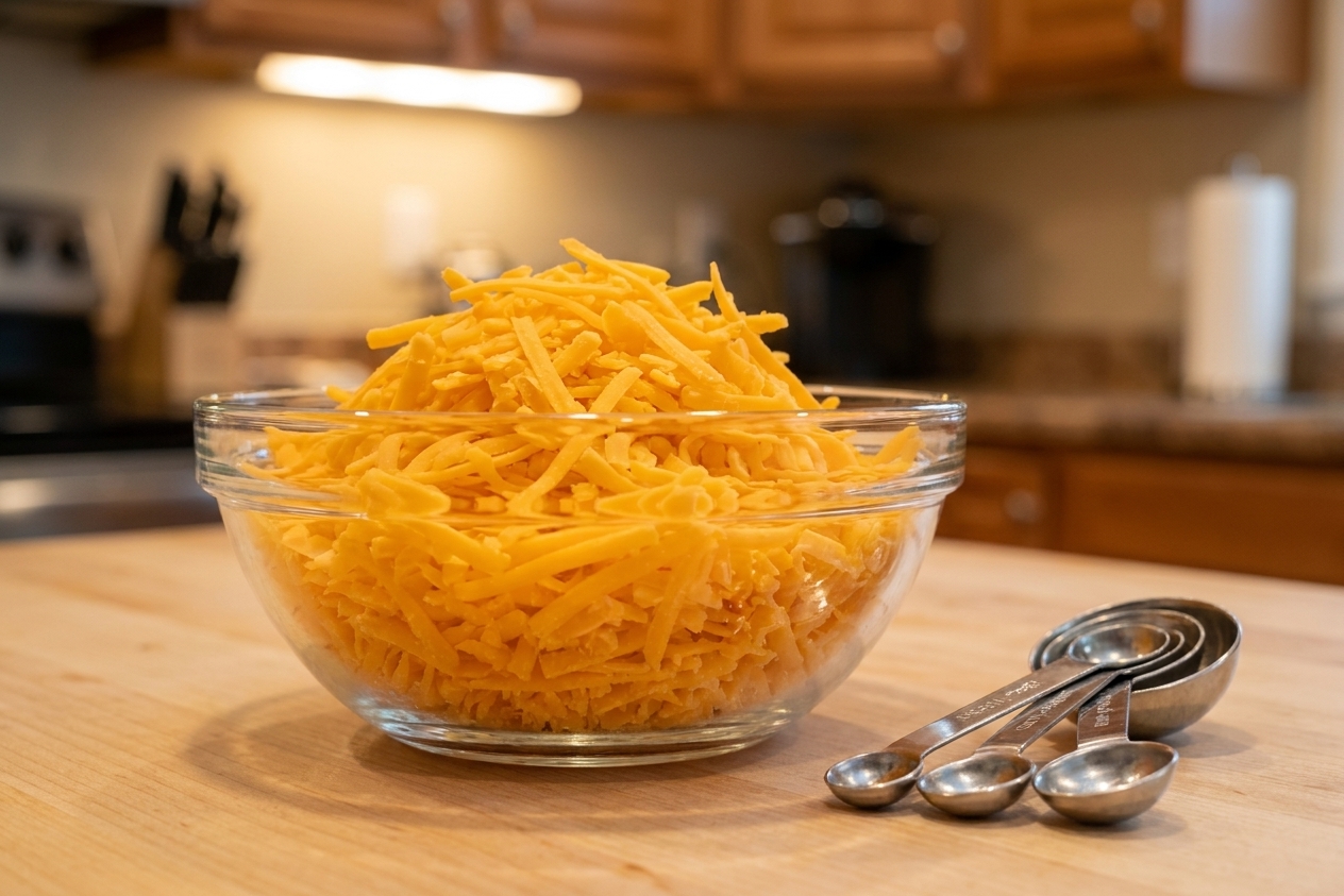 A glass bowl filled with freshly shredded cheddar cheese on a kitchen counter beside measuring spoons