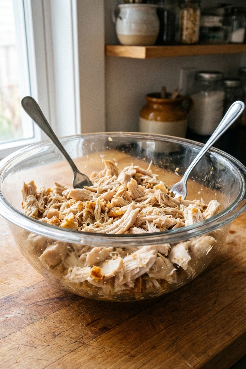 A glass bowl filled with freshly shredded cooked chicken on a kitchen counter with two forks resting inside, close-up food photography with soft natural light