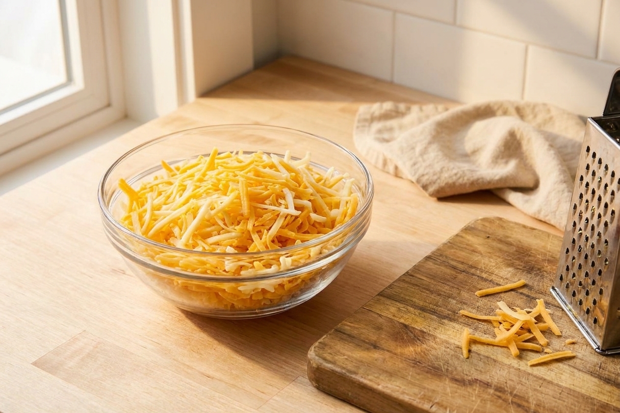 A glass bowl filled with freshly shredded sharp cheddar cheese on a wooden cutting board in a bright home kitchen