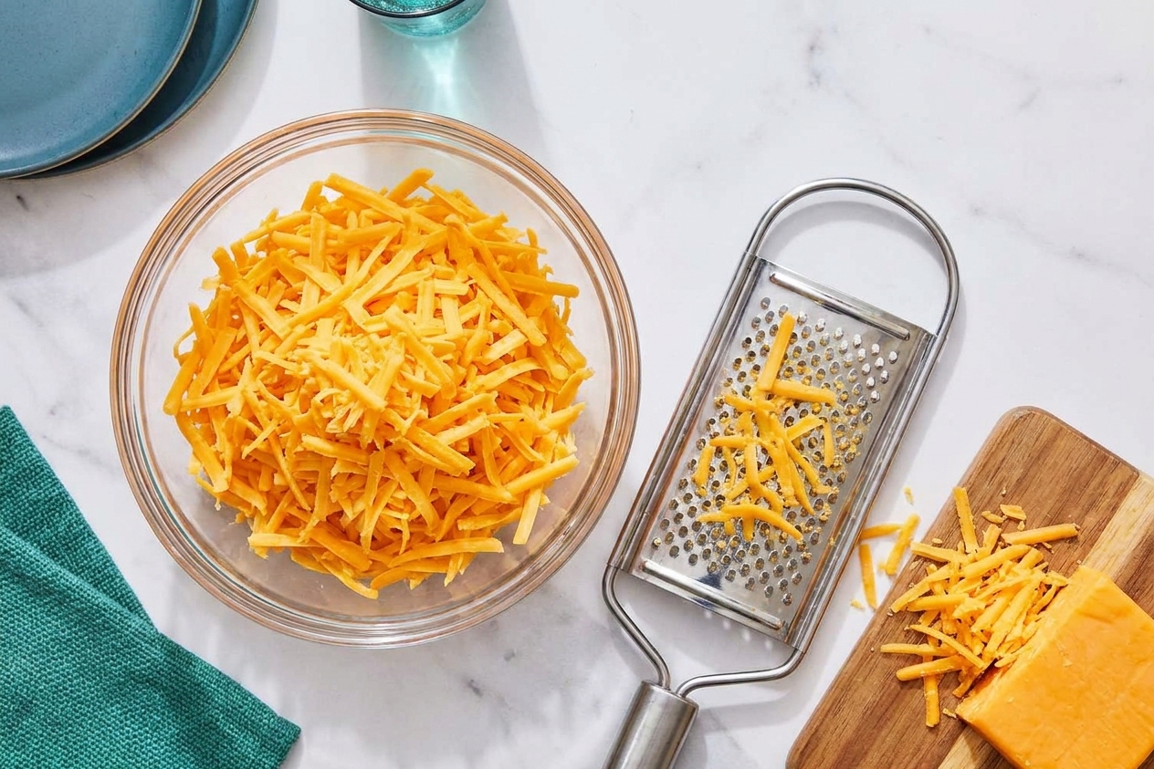 A glass bowl filled with freshly shredded sharp cheddar cheese on a kitchen counter next to a box grater