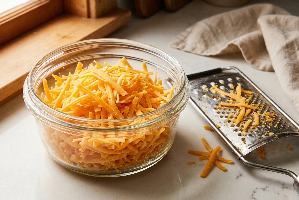 A glass bowl filled with freshly shredded sharp cheddar cheese on a kitchen counter beside a box grater