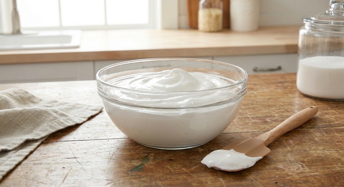 A glass bowl filled with glossy homemade marshmallow fluff on a bright kitchen counter with a spatula resting beside it
