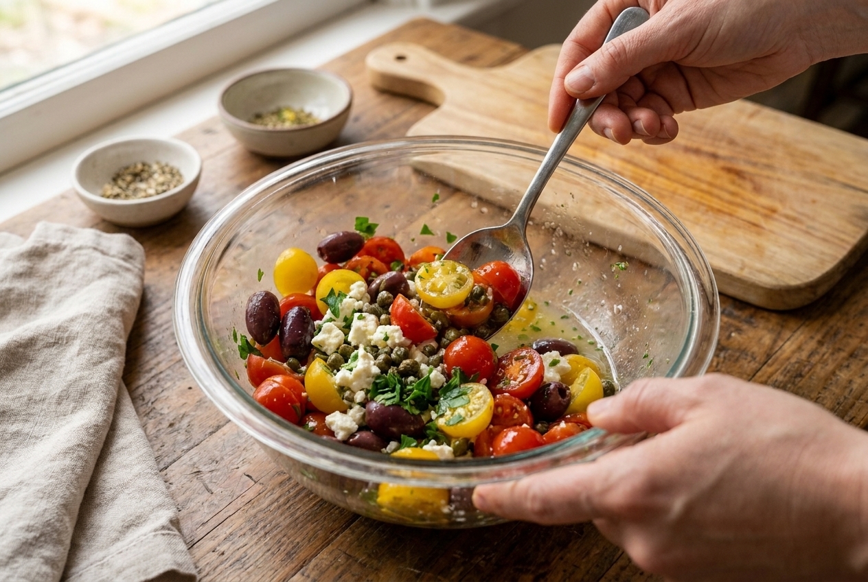 A glass bowl filled with halved cherry tomatoes, Kalamata olives, capers, crumbled feta, parsley, and lemon juice being mixed with a spoon