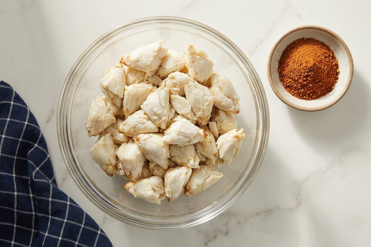 A glass bowl filled with jumbo lump crab meat on a kitchen counter with a small dish of Old Bay-style seasoning nearby