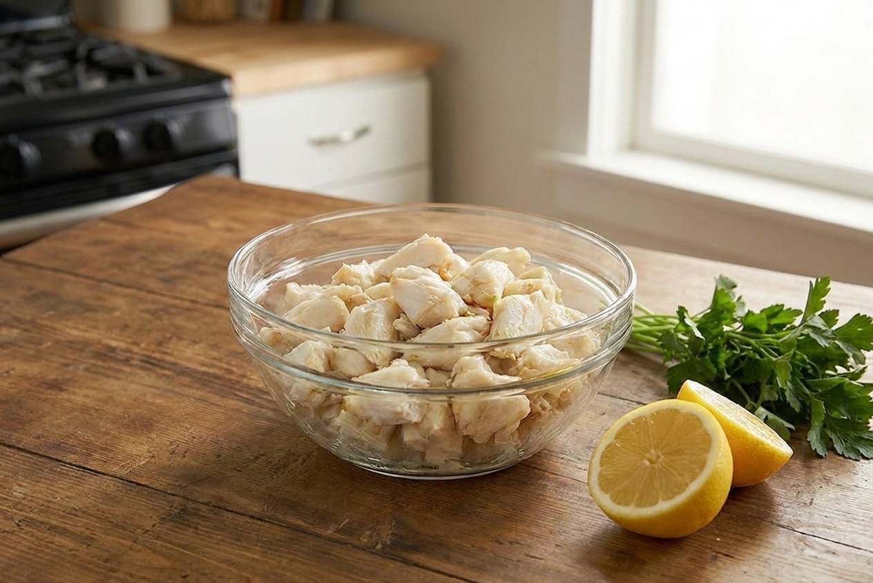 A glass bowl filled with jumbo lump crab meat on a kitchen counter with a lemon and parsley nearby