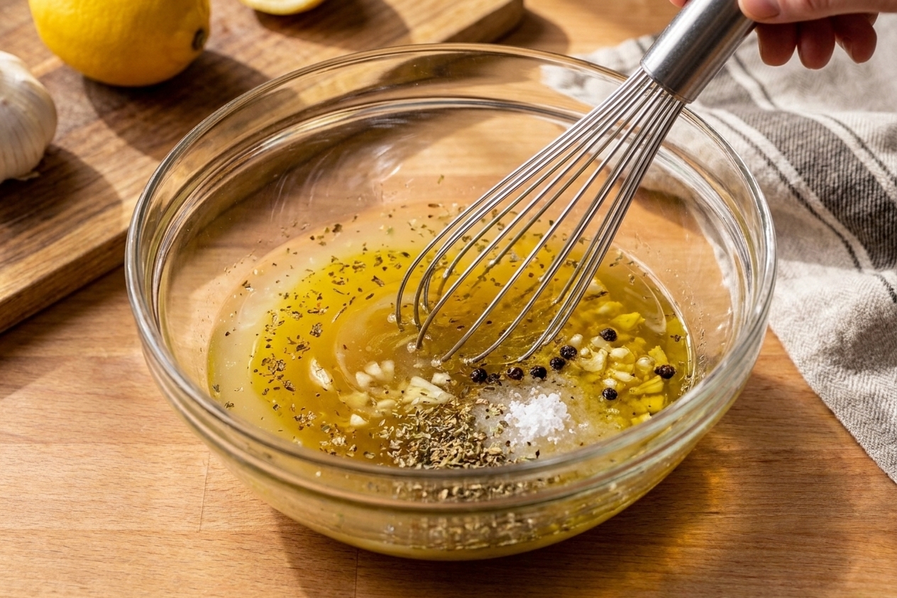 A glass bowl filled with lemon juice, olive oil, broth, grated garlic, oregano, salt, and pepper being whisked together on a kitchen counter