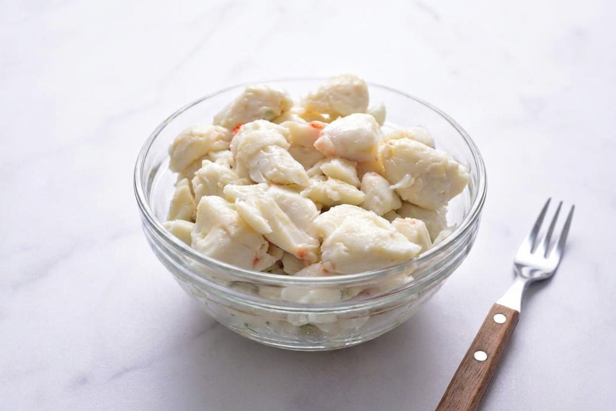 A glass bowl filled with lump crab meat on a clean kitchen counter with a small fork nearby