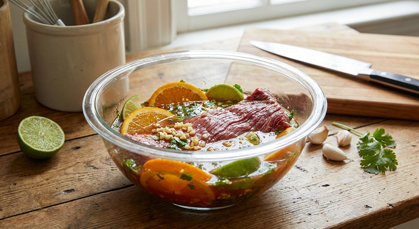 A glass bowl filled with orange and lime marinade with minced garlic and chopped cilantro, with raw skirt steak partially submerged on a kitchen counter, real food photography