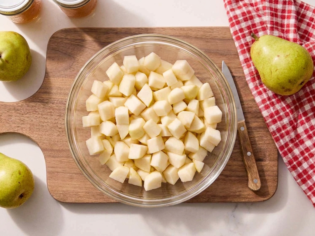 A glass bowl filled with peeled, cored, diced pears on a wooden cutting board in a home kitchen