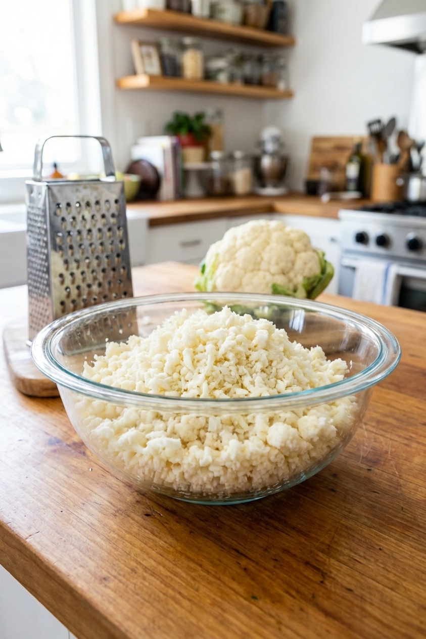 A glass bowl filled with riced cauliflower on a wooden countertop with a box grater and a whole head of cauliflower in the background, bright kitchen light, photorealistic