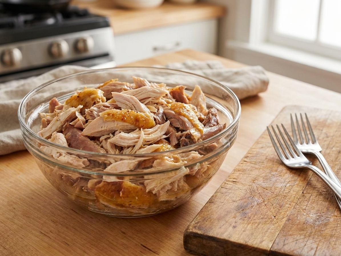 A glass bowl filled with shredded rotisserie chicken on a kitchen counter with a cutting board and forks nearby