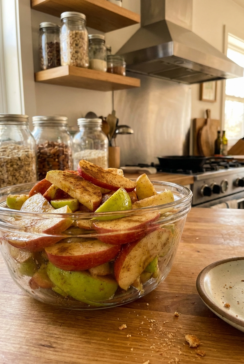 A glass bowl filled with sliced apples tossed with cinnamon and lemon juice on a kitchen counter