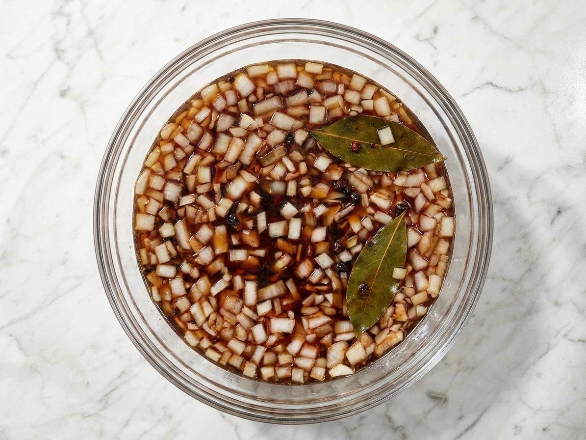 A glass bowl filled with vinegar-based marinade, whole peppercorns, bay leaves, cloves, and sliced onions, ready for a beef roast