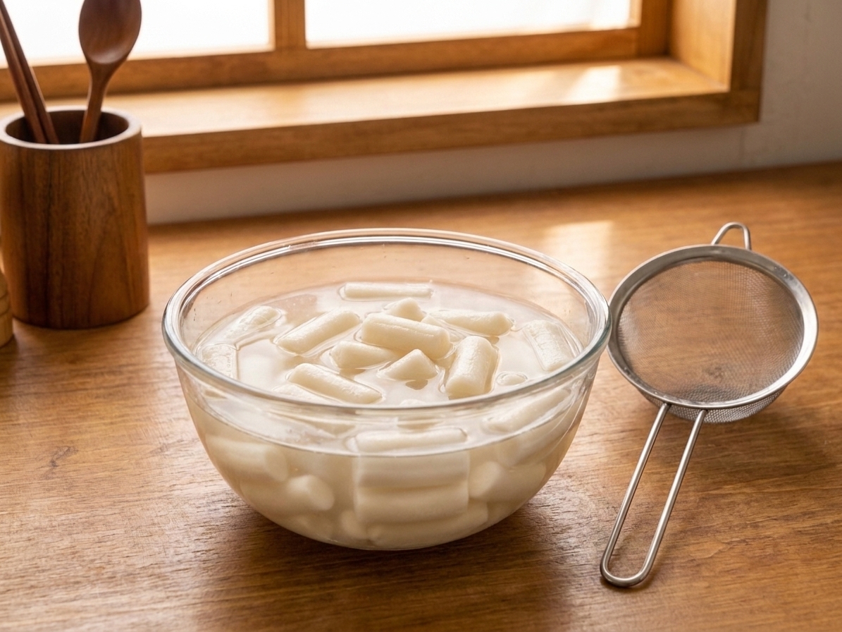 A glass bowl of Korean rice cakes soaking in warm water on a kitchen counter beside a small strainer