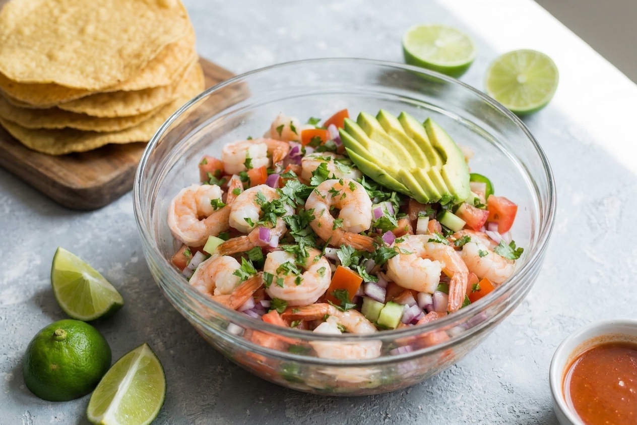 A glass bowl of Mexican shrimp ceviche with lime, cilantro, tomato, cucumber, and avocado on a bright kitchen counter, with tostadas and lime wedges nearby