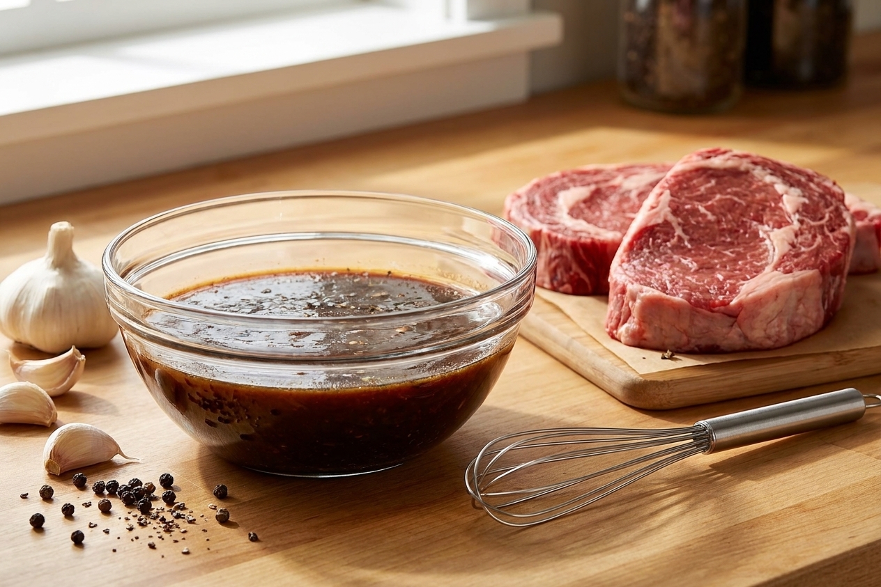 A glass bowl of Worcestershire-based steak marinade on a bright kitchen counter with raw steaks nearby, garlic cloves, black pepper, and a small whisk, natural window light