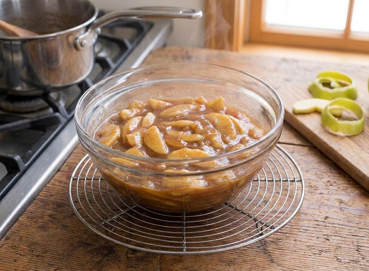 A glass bowl of apple pie filling cooling on a wire rack on a kitchen counter