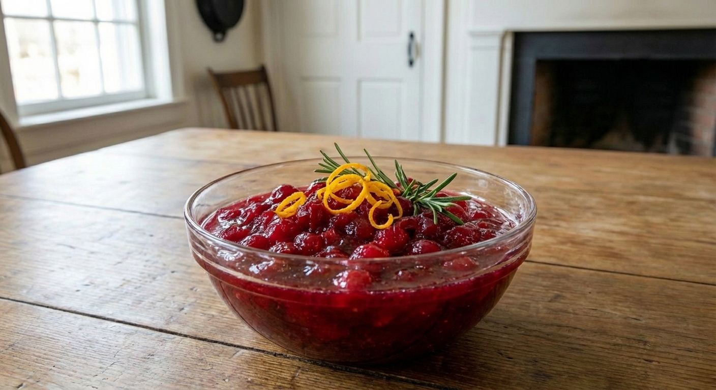 A glass bowl of bright cranberry sauce with orange zest