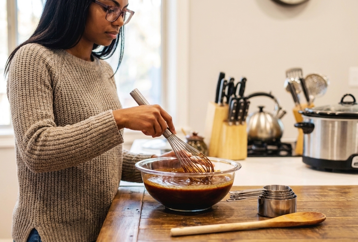 A glass bowl of brisket sauce being whisked smooth on a kitchen counter next to measuring cups