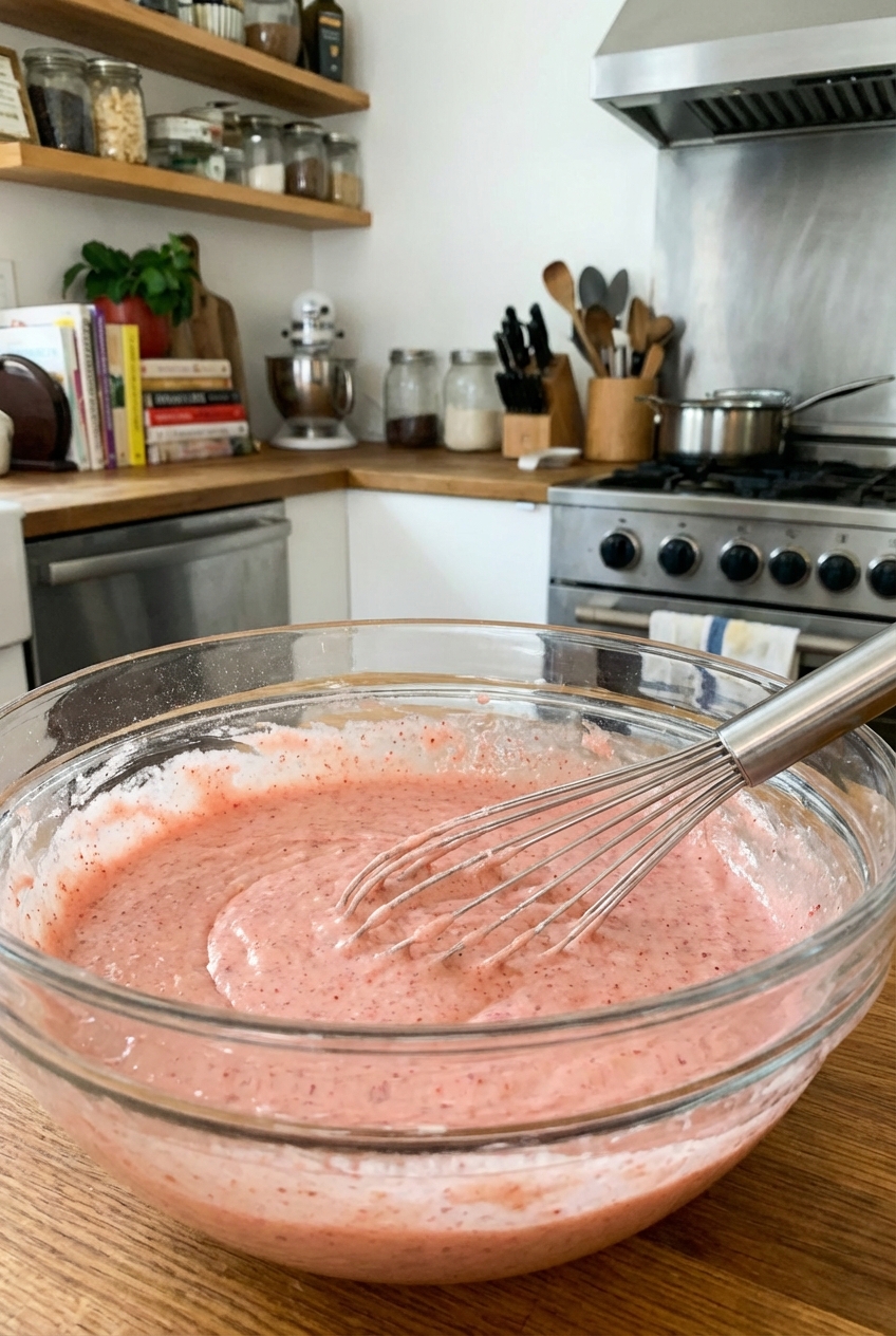 A glass bowl of cake batter tinted pale pink with strawberry powder, a whisk resting in the bowl
