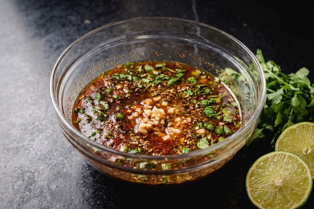 A glass bowl of carne asada marinade with visible minced garlic, cilantro, lime juice, and spices on a kitchen counter