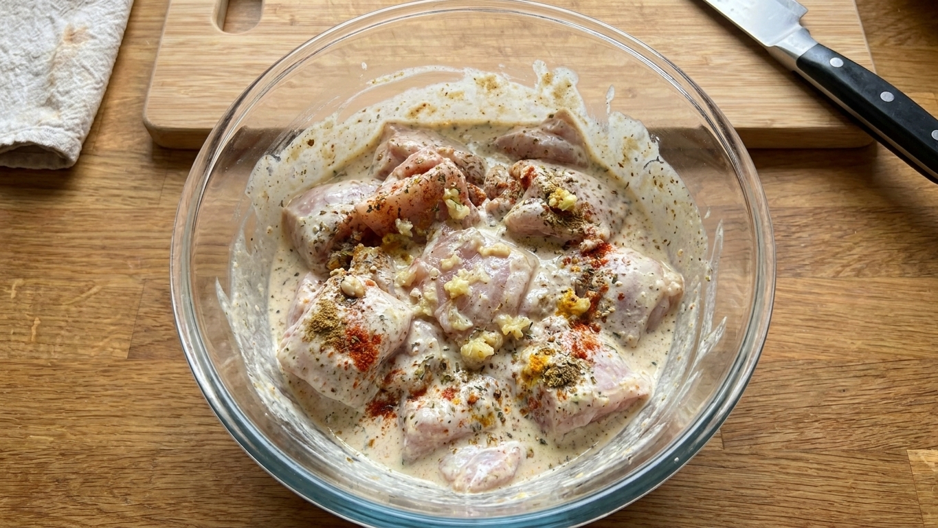 A glass bowl of chicken thigh pieces coated in a pale yogurt marinade with visible garlic and spice flecks on a kitchen counter