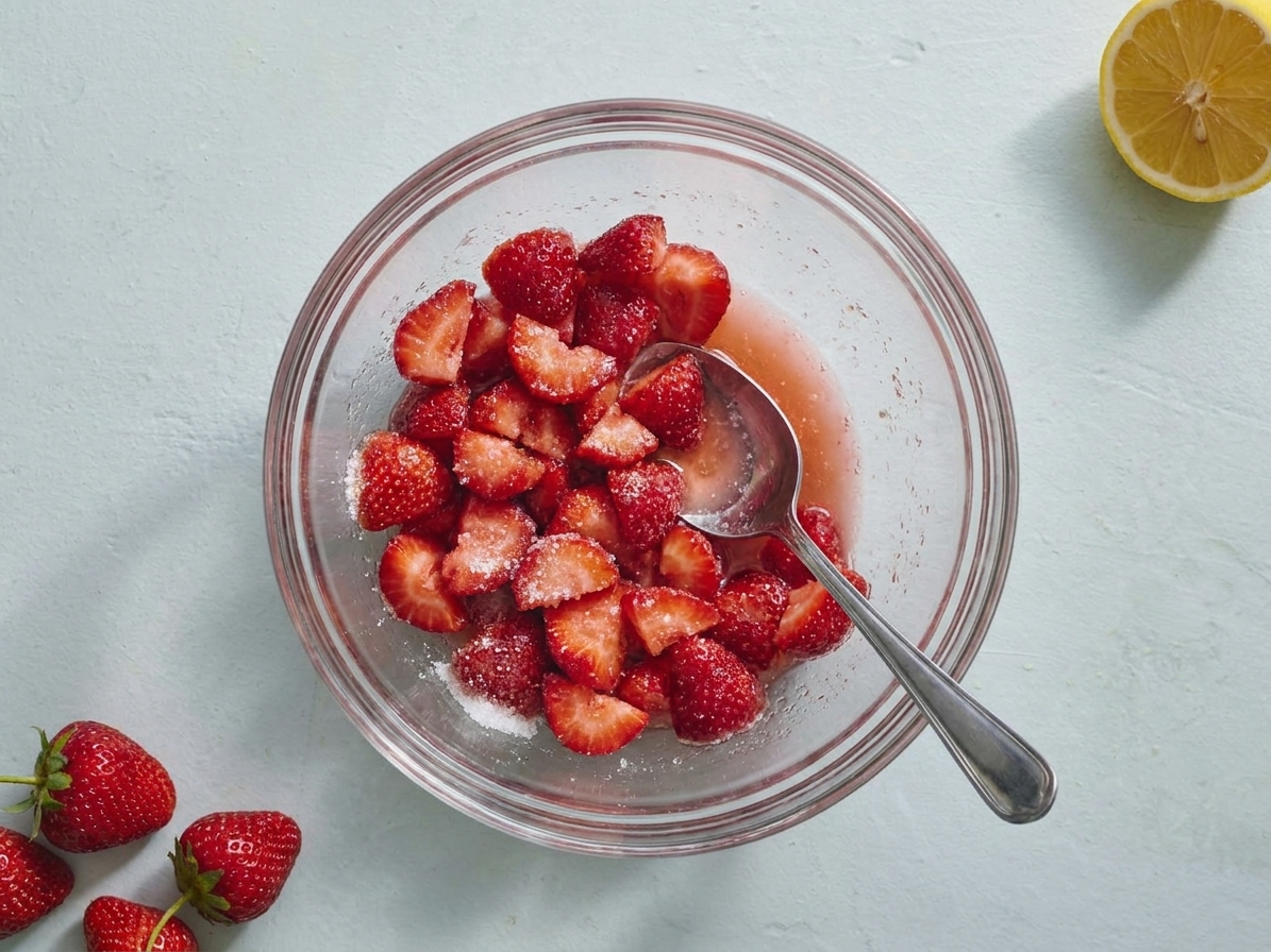 A glass bowl of chopped strawberries tossed with sugar and lemon juice, with a spoon resting inside as juices pool at the bottom